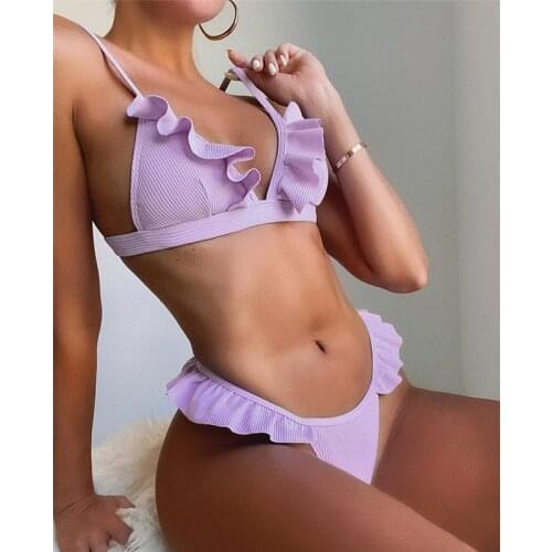Miyouj Ruffles Side Bikinis Designer Swimsuit Purple Color Swimwear Women 2021 Newest Bikini Set Micro Thong Fashion Biquini