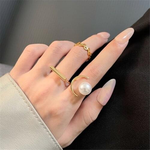 Personality geometric gold and pearl ring hollow chain European trend fashion womans ring 2021 new party gift jewelry wholesale