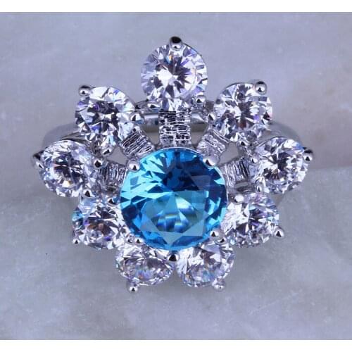 Love Monologue Luxury Blue Sky Crystal & Cubic Zirconia Flower Shaped Silver Color Rings J0308 Free Jewelry Bag