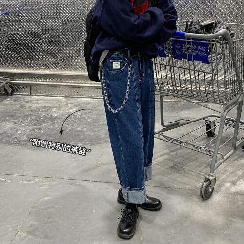 2020 Send Chain Korean Style Mens Baggy Homme Casual Pants Classic Cargo Pocket Jeans Biker Denim Blue Color Trousers M-2XL