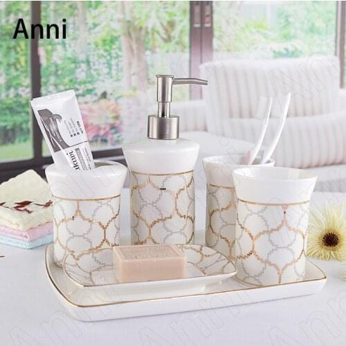 Creativity Golden Geometry Line Athroom Accessories Set Ceramic European Modern Household Six Piece Set Shower Accessories