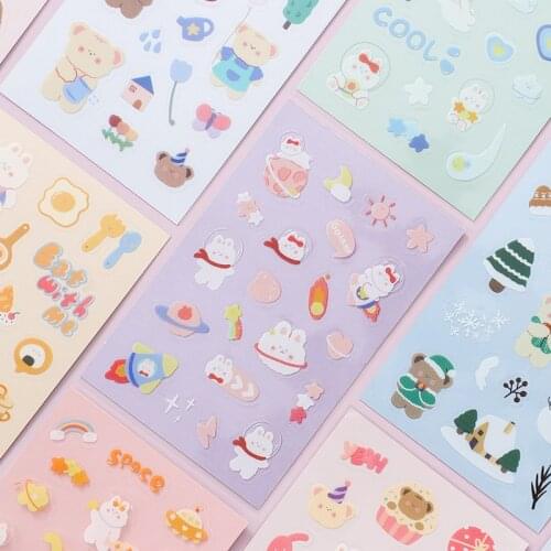 JIANWU 2 Sheets Cute Rabbit Bear PET Stickers Simple and Kawaii Shaped Stickers DIY Decorative Collage Stationery Accessories