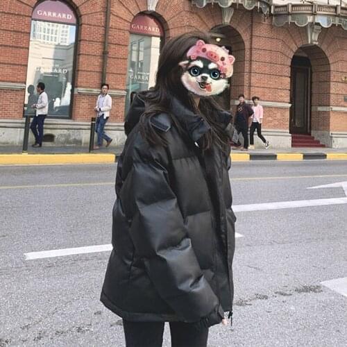 Solid Hooded Imitation Leather PU Cotton Coat Female Fashion Casual Loose Jacket Women Winter 2020 New Zipper Clothing Y887