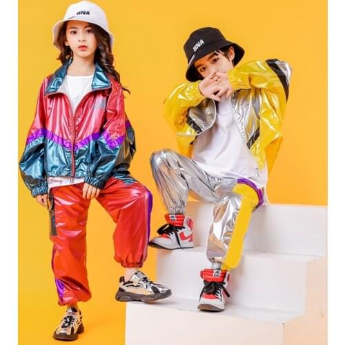 Autumn Winter Children Hip-hop Suit Windproof Jacket Pants Set Girls Jazz Dance Clothes Fashion Performance Stage Costume