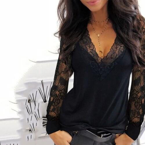 Casual V-neck Lace Long Sleeve T-shirt for Women Spring Winter Clothes Sexy Solid Color Black Tee Shirt Office Lady Top
