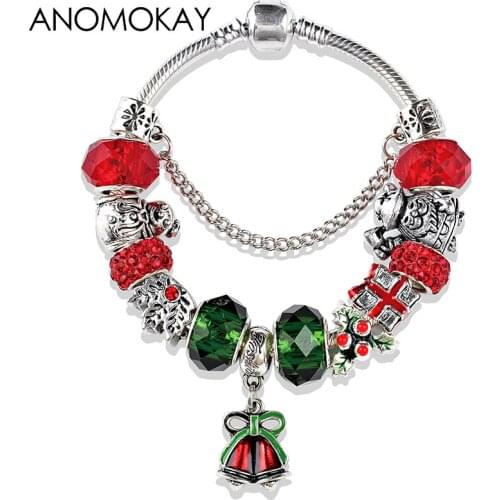 Dropshipping Red Christmas Bell Beads Bracelet Charm fit Silver Color Bracelet Bangle Xmas Gift Femme Pulsera