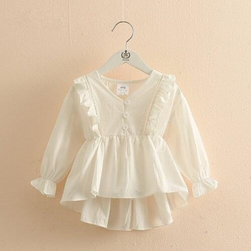 2-8 Y Baby Girls Shirts 2021 New Kids V Neck Cotton Long Sleeve Shirt Korean Lace Splicing Solid Blouse for Girl Toddler Clothes