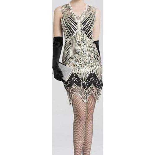 Vintage1920s Arc Deco Great Gatsby Sequin Dresses with Sleeveless 20s Long Fringed Beaded Dress for Women 4XL