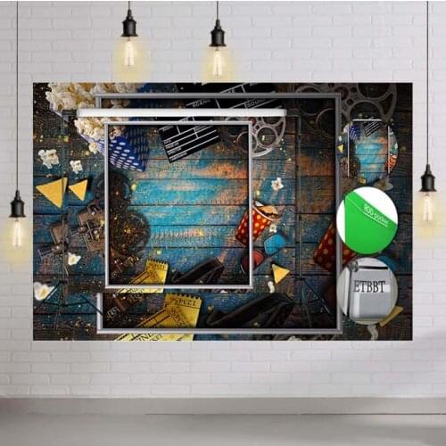 Vintage Wooden Backdrop Cinema Poster Movie Night Shabby Barn Door Photography Background Steampunk Popcorn Cola Birthday Party