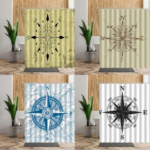 Waterproof Retro Shower Curtain Nautical Compass Pattern Bathroom Bath Decor Wall Hanging Backgdrop Cloth Polyester Curtains Set