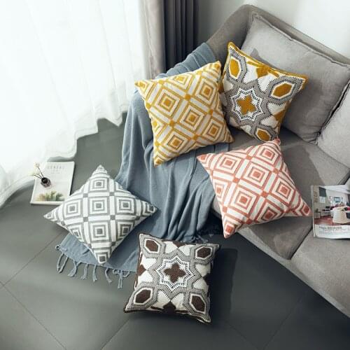 Yellow Grey Geometric Embroidery Cushion Cover Home Decoration Pink Diamond Pillow Cover 45x45cm Living Room Sofa Pillowcase