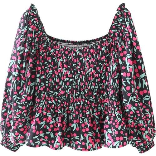 New Cherry Print Ruffled Blouse Women Elegant Square Neck Puff Long Sleeve Female Crop Top Fashion Woman Sweet Blouses 2021
