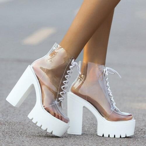 2020 new womens high-heeled short boots fashion round head transparent film non-slip bottom lace up square root