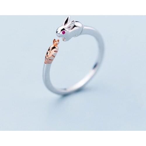Sole Memory Cute Sweet Rabbit Eating Radish Fresh 925 Sterling Silver Female Resizable Opening Rings SRI406