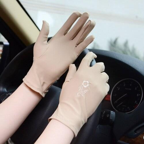 Women Sunscreen Embroidered Flowers Gloves Spring Summer Lady Stretch Anti UV Slip Resistant Driving Glove Breathable