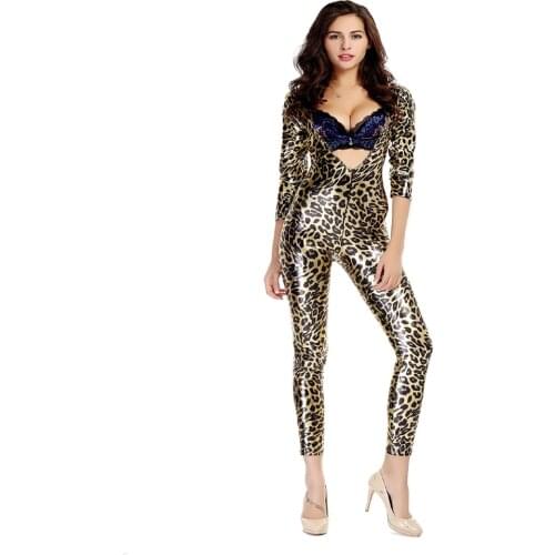 Leopard Print Fancy Dress Sexy Women Animal Zipper Up Lingerie Bodysuit Reversible Wear Jumpsuit Cosplay Party Catsuit