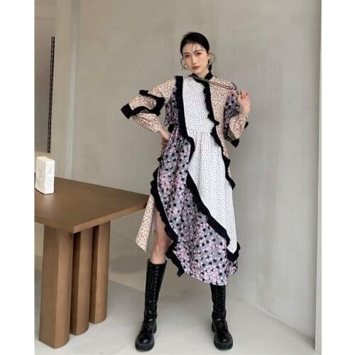 Womens Spring Chiffon Dress 2021 New Autumn Dress Women Long Sleeve Patchwork Printed Flower Dresses Ladies Party Clothes