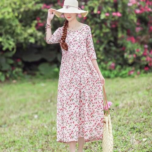 Print Floral Vintage Prairie Chic Dress Soft Cotton Linen Loose Summer Autumn Dress Travel Casual Women Beach Style Long Dress