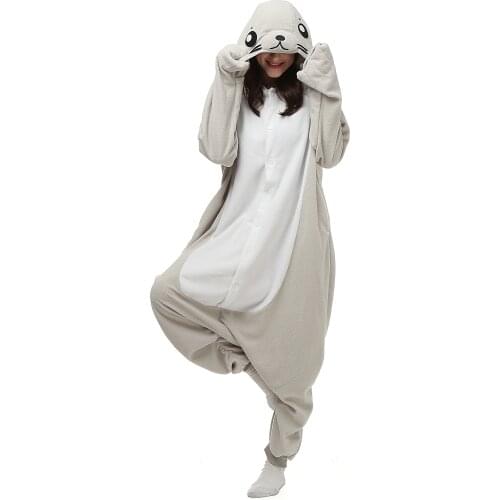 HKSNG Winter Flannel Warm Adult Cartoon Animal Sea lion Onesies Seal Pajamas Seal Kigurumi Costumes Homewear For Halloween