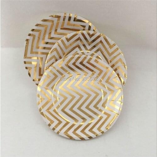 108pcs Metallic Foil Gold Silver Chevron Striped Party Paper Plate 9inch Gold Silver Round Plate Disposable Tableware