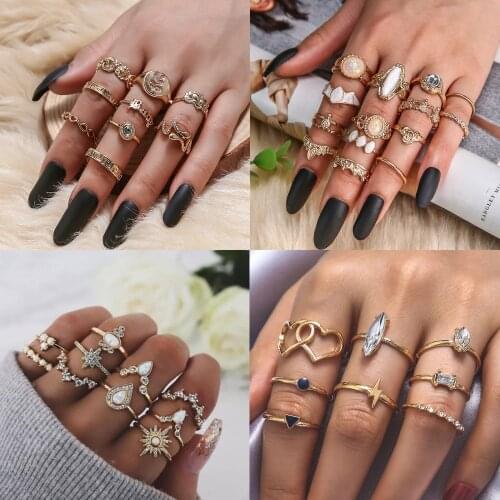 2021 Vintage Gold Star Knuckle Rings For Women BOHO Crystal Love Crescent Geometric Female Finger Rings Set Jewelry Wholesale