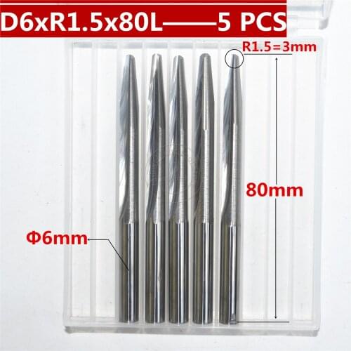 5 PCS-6mm*R1.5*80L,CNC carbide End Mill,woodworking insert router bit,Taper ball nose end milling cutter,deep relief,pvc,MDF