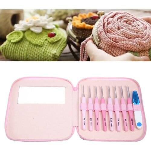 8 Sizes Gradient Pink Smooth Needles Crochet Hook Set Soft Ergonomic Grips Weaving Knitting Sewing Tool With Sissors Storage Bag