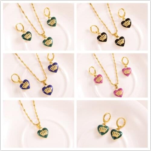 Bangrui Fashion Multicolor Heart Crown Pendant Necklace Earrings For Women Charm Gold Color Chain Cute Jewerly Sets Party Gifts