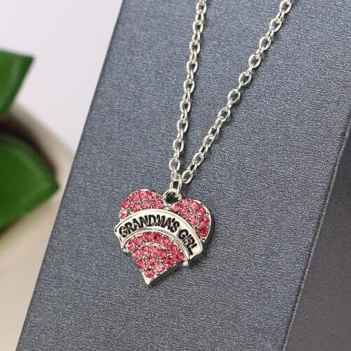 Bespmosp 24PCS/Lot Wholesale Grandmas Girl Pink Crystal Heart Pendant Necklace Women Girl Family Jewelry Rhinestone Charms Gift