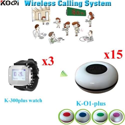 Wireless Paging System Cheapest Watch Equipment For Restaurant,Teahouse,Bar Included 15 pcs Call Buttons +3pcs Wrist Pager