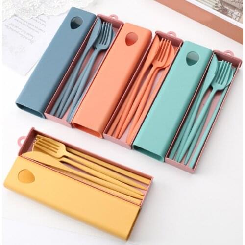 Children Utensil Spoon Tableware Set Baby 4Pcs/Set Wheat Straw Dinnerware Cutlery Cartoon for Infant Food Feeding Spoon Fork Set