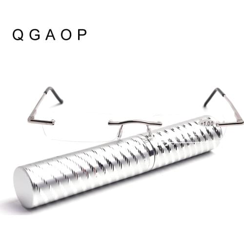 QGAOP Pencil Case Reader Reading Glasses Magnifier Men for Farsightedness Women with Tube Rimless Metal Clear +1 1.5 2 2.5 3 3.5
