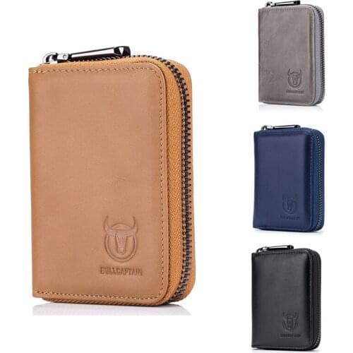 BULLCAPTAIN Leather Men Wallet Card Pack Zipper Card Case Holder Credit Card Bag Short Coin Purse