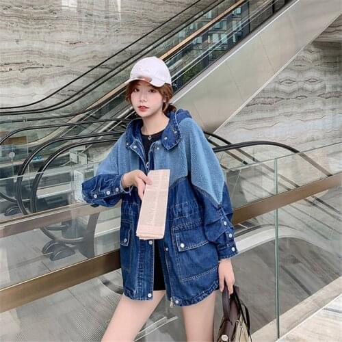All Winter Denim Jacket Women Thick Warm Lamb Wool Stitching Coat 2020 Spring New Fashion Hooded Slim Jeans Jacket Outwear f2769