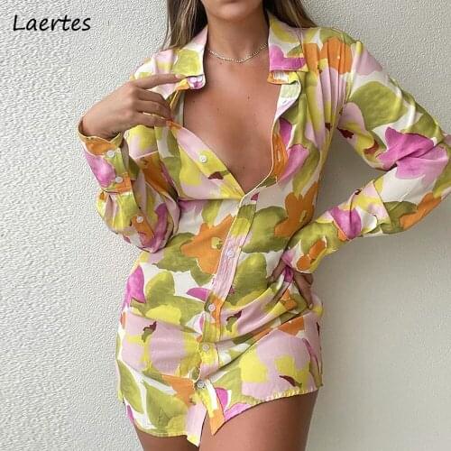 Laertes Summer Mini Dress Floral Print Polo Neck Long Sleeve Boho Style button Loose Streetwear Party female Clothing