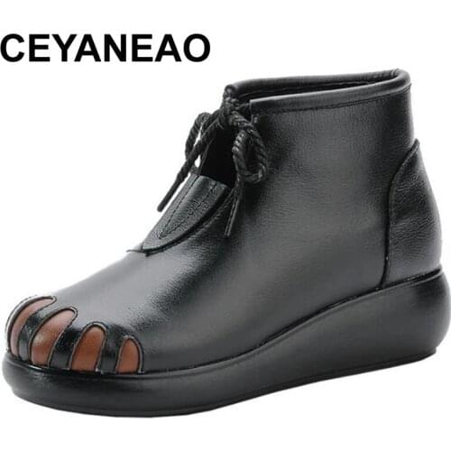 CEYANEAO New Winter Short Boots Genuine Leather Retro Ethnic Womens Boots Wedge Heel Thick-soled Warm Shoes Fashion Casual
