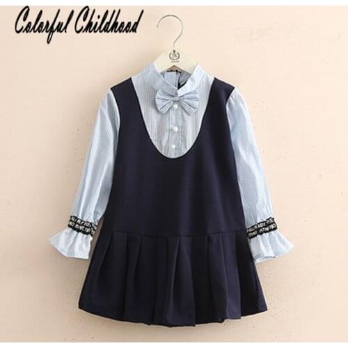 3-12 years little girls preppy style long flare sleeve sky blue straps between with white and ink pleated dress