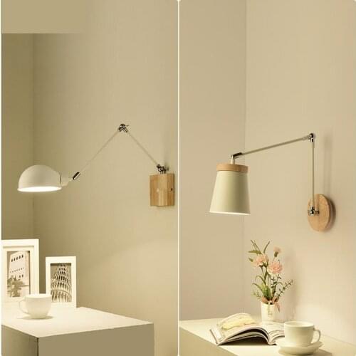 Nordic led Telescopic Wall Light for Bedroom Modern Living Room Bedside Lamp Solid Wood Japanese FoldableRocking Arm Wall Lamp
