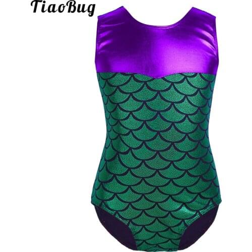 TiaoBug Kids Girls Sleeveless Scales Printed Splice Ballet Dance Gymnastics Leotard Jumpsuit Swimwear One-Piece Beach Bikini