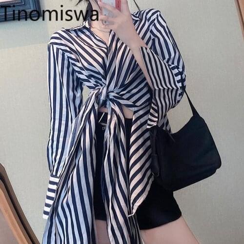 Tinomiswa Irregular Lace Up Striped Blouse Women Turn Down Collar Long Sleeve Loose Shirts Single Breasted Korean Tops Blusas