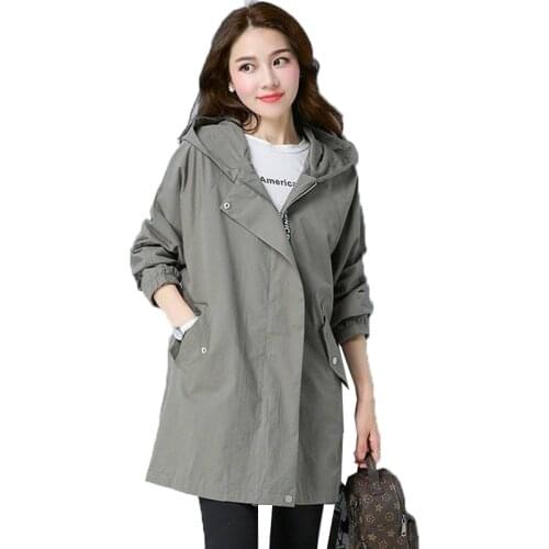 Women Trench Coat Female Long Sleeve Thin Hooded Casual Coat 2020 spring New Loose Adjust Waist Zipper Outerwear Plus Size 5XL