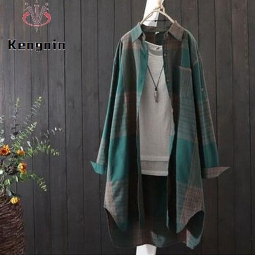 Loose Plaid Blouse Women 2021 Autumn Korean Chic Lady Shirts Cotton Linen Casual Long Sleeve Female Tops Midi-Long Blause KN247