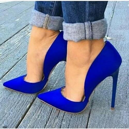 Moraima Snc Sexy Pointed Toe High Heel Shoes Woman Thin Heels Dress Shoes Blue Material Stiletto Heels Party Wedding Shoes