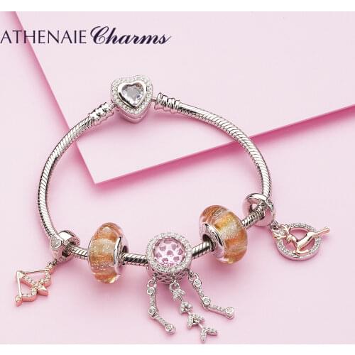 ATHENAIE 925 Sterling Silver Italian Murnao Glass Shine Zircons Cupids Arrow Charms Bracelet For Women Jewerly Gift