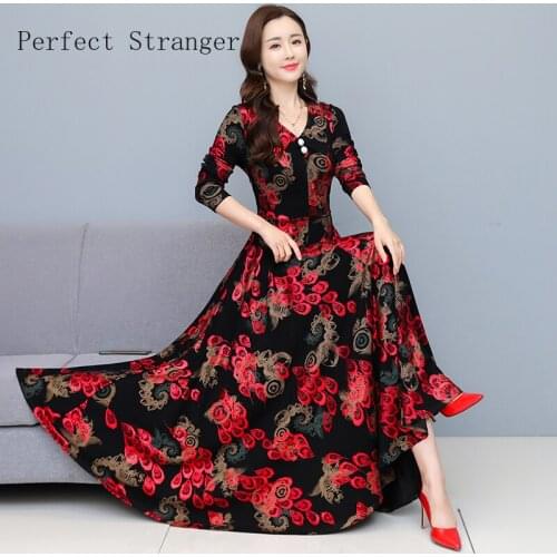 2021 Autumn Winter New Arrival High Quality V Collar Flower Printed Fleeces Thicken Long Sleeve Collect Waist Women Long Dress