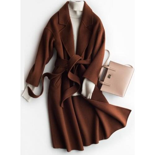 2019 New Women Coat Long Elegant Woolen Coat With Belt Open Stitch Design Winter Warm Coat Female Outerwear Casaco Feminino P71