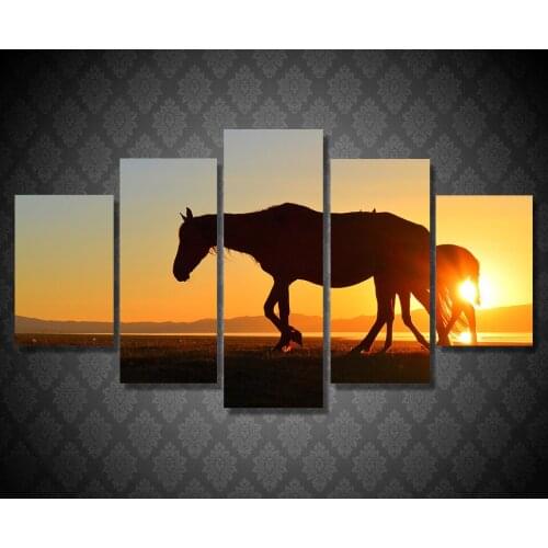 No Frame 5 Pcs Modular Pictures The Setting Sun Animals Horse Canvas Painting On The Wall Pictures For Living Room Cuadros Decor