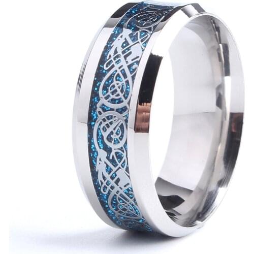 8mm silver color blue carbon fiber dragon 316L Stainless Steel rings for men women wholesale