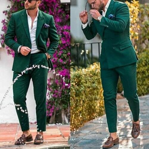 Mens Green Suits Double-breasted Groom Wedding Wear Tuxedos Peak Lapel Formal Prom Suits Set 2 Pieces (Blazer+Pants)