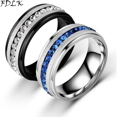 FDLK 2021 New Mens 8MM Classic Stainless Steel Silver Color Inlaid With Single Row Blue AAA Zircon Mens Wedding Ring